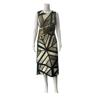Rubin Singer 2014 Green Gold Metallic Panel Midi Dress size 6